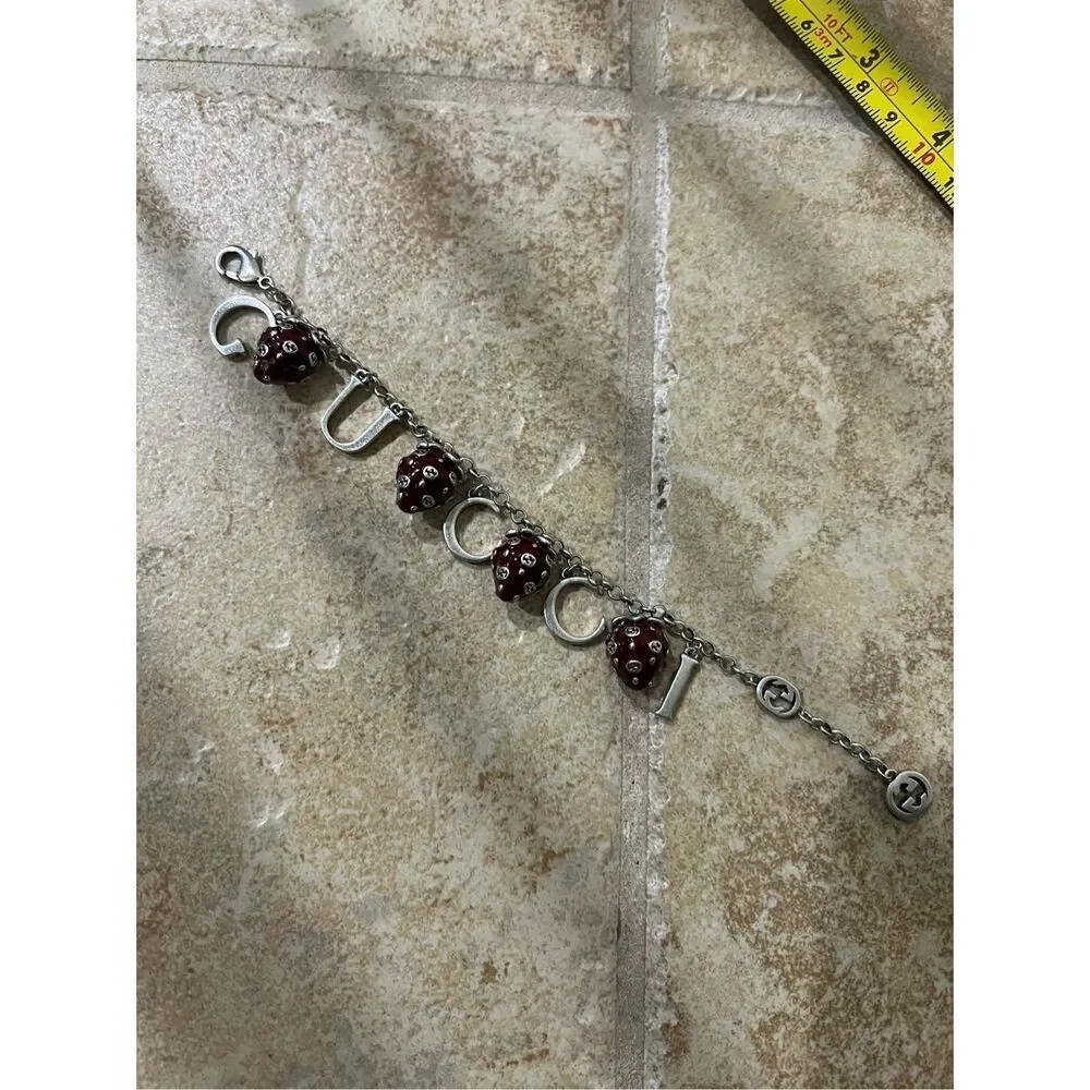 Gucci double g silver tone bracelet dangling gg strawberry - Picture 6 of 7